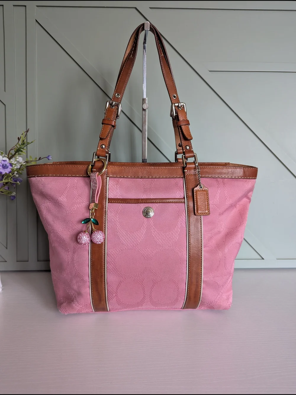 Coach Pink Canvas Tote with Brown Leather Trim